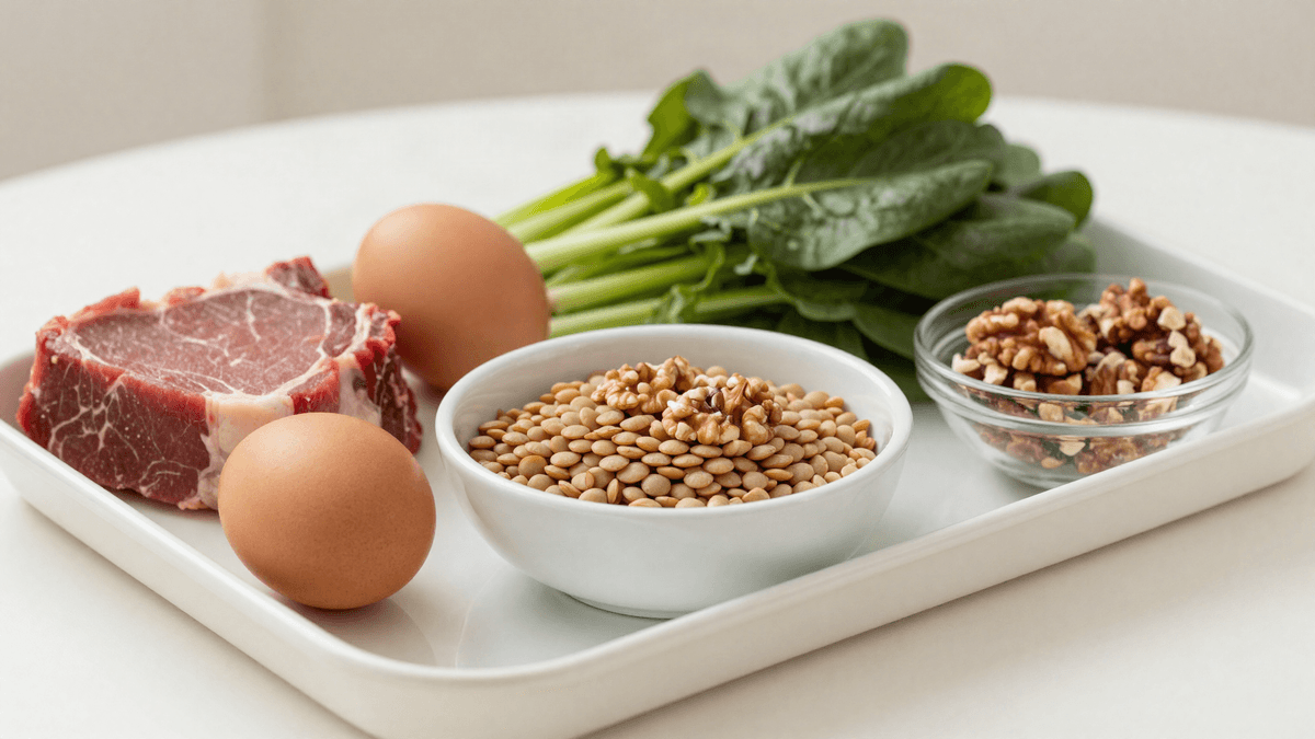 Still-life editorial de alimentos ricos em proteína, ferro e zinco (carne, ovos, lentilha, folhas verde-escuras) organizados sobre uma bandeja clínica neutra, representando a relação entre alimentação e saúde capilar