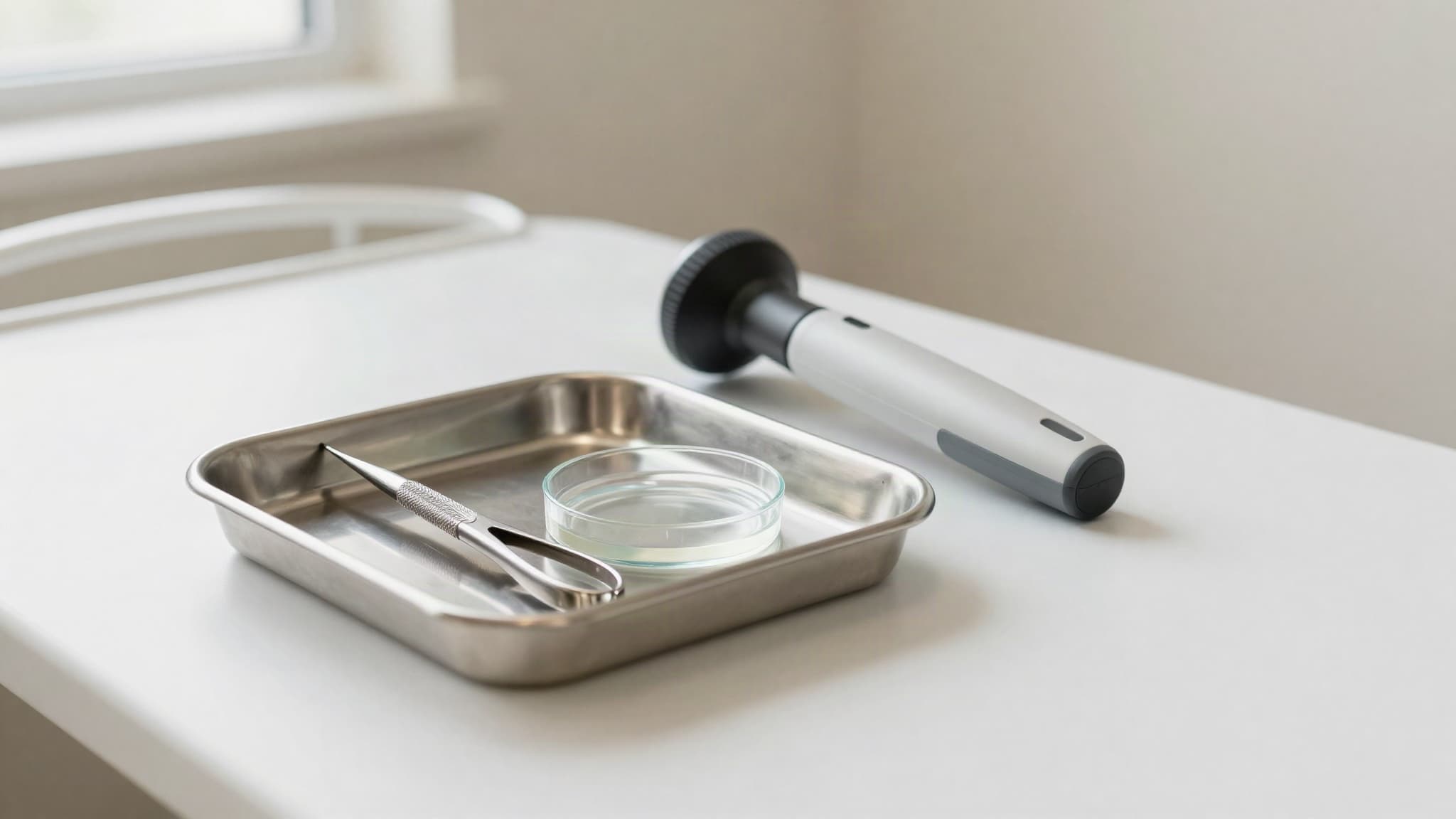 Bandeja cirúrgica de inox com pinça e placa de vidro com solução, ao lado de um dermatoscópio sobre mesa de clínica, representando o planejamento de um body hair transplant
