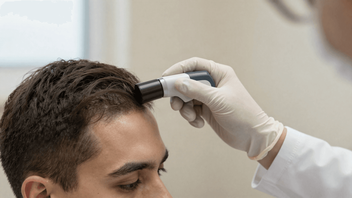 Médico examina a linha frontal capilar de um paciente jovem com tricoscópio, representando o diagnóstico precoce da calvície aos 18 anos