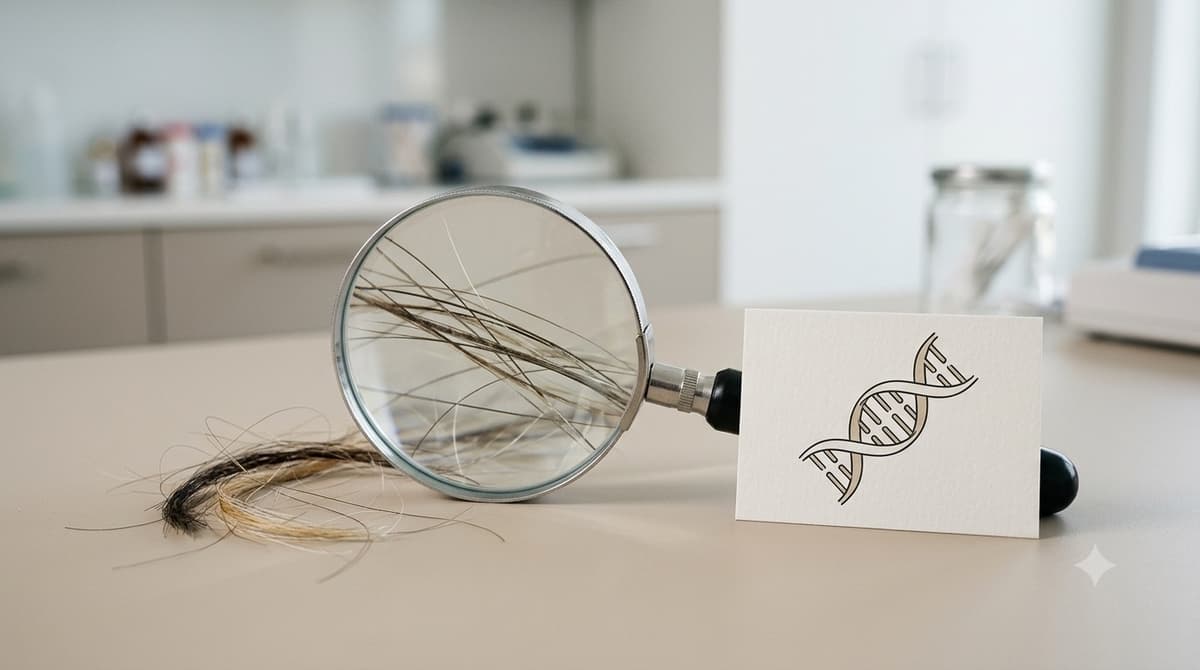 Lupa sobre fios de cabelo ao lado de uma ilustração de dupla-hélice de DNA em ambiente clínico, representando a calvície genética