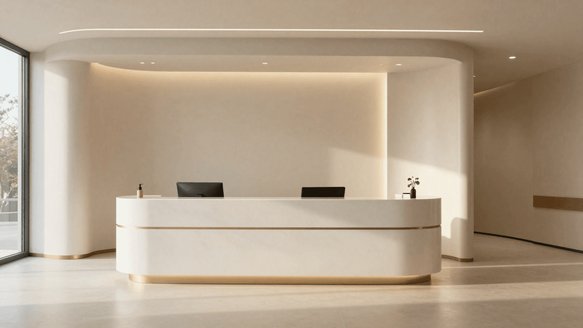 Recepção de clínica moderna de restauração capilar, com arquitetura limpa e luz natural