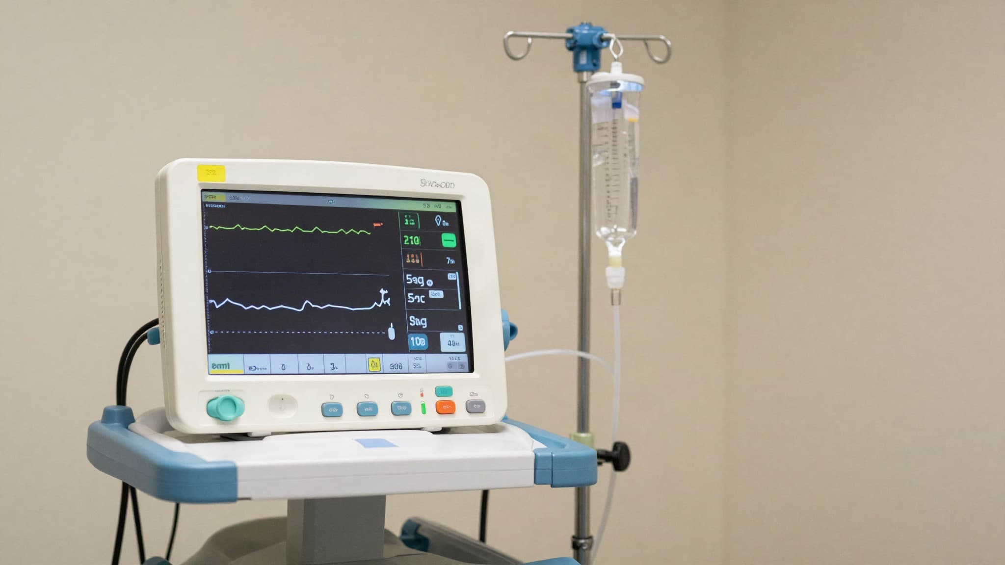 Monitor de sedação e acesso venoso em ambiente cirúrgico clínico, representando a sedação venosa durante o transplante capilar