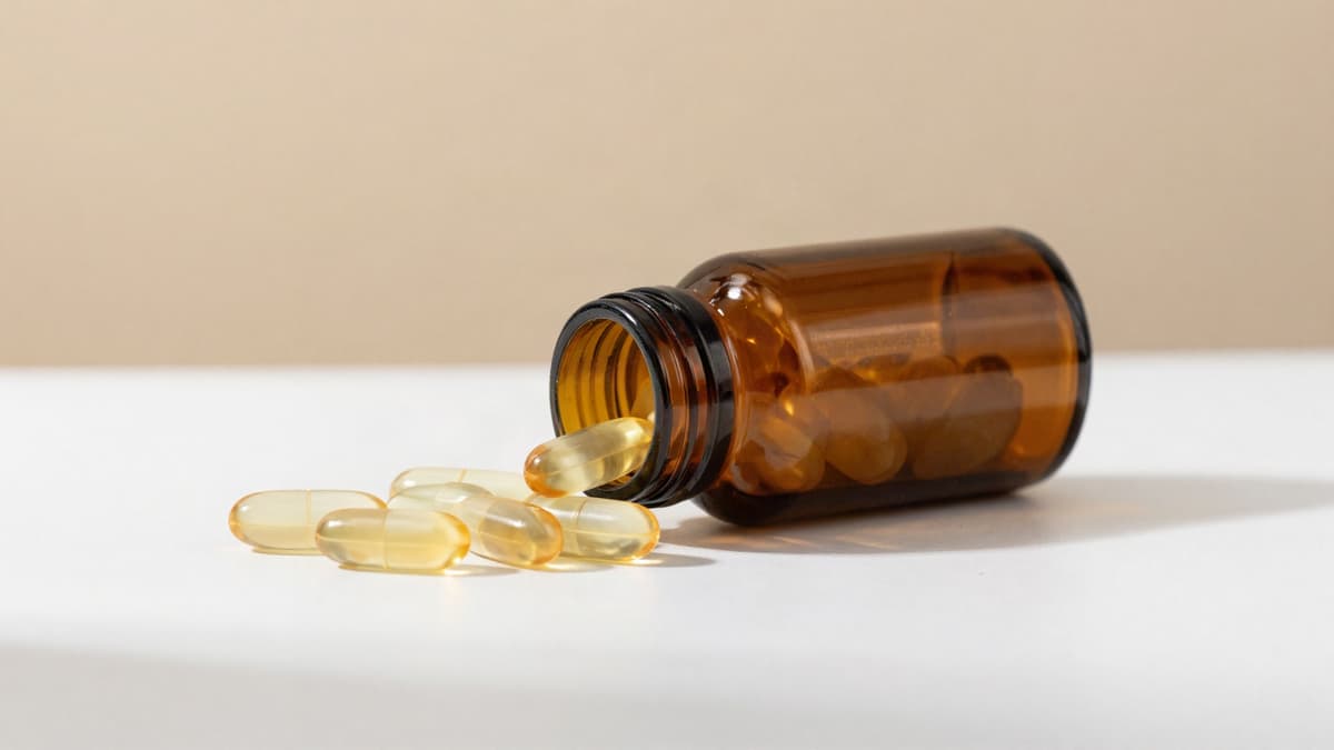 Cápsulas gelatinosas amareladas derramadas ao lado de um frasco âmbar aberto, representando o medicamento dutasterida usado no tratamento da calvície