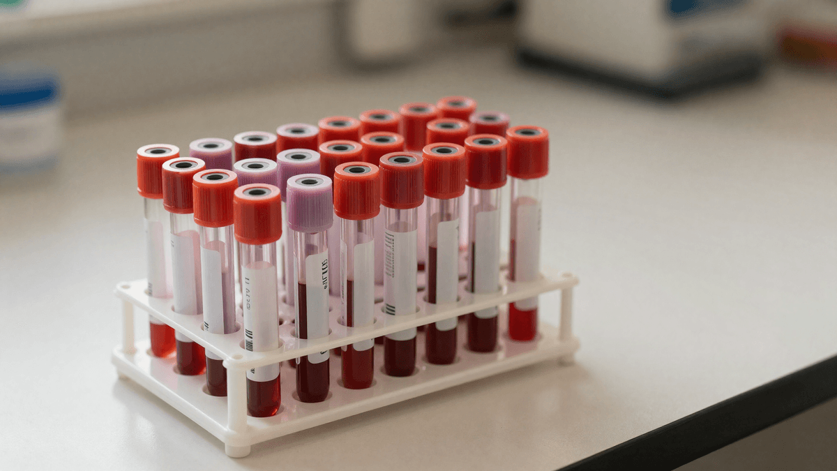 Tubos de exame laboratorial organizados em uma bancada clínica, representando os exames pré-operatórios do transplante capilar