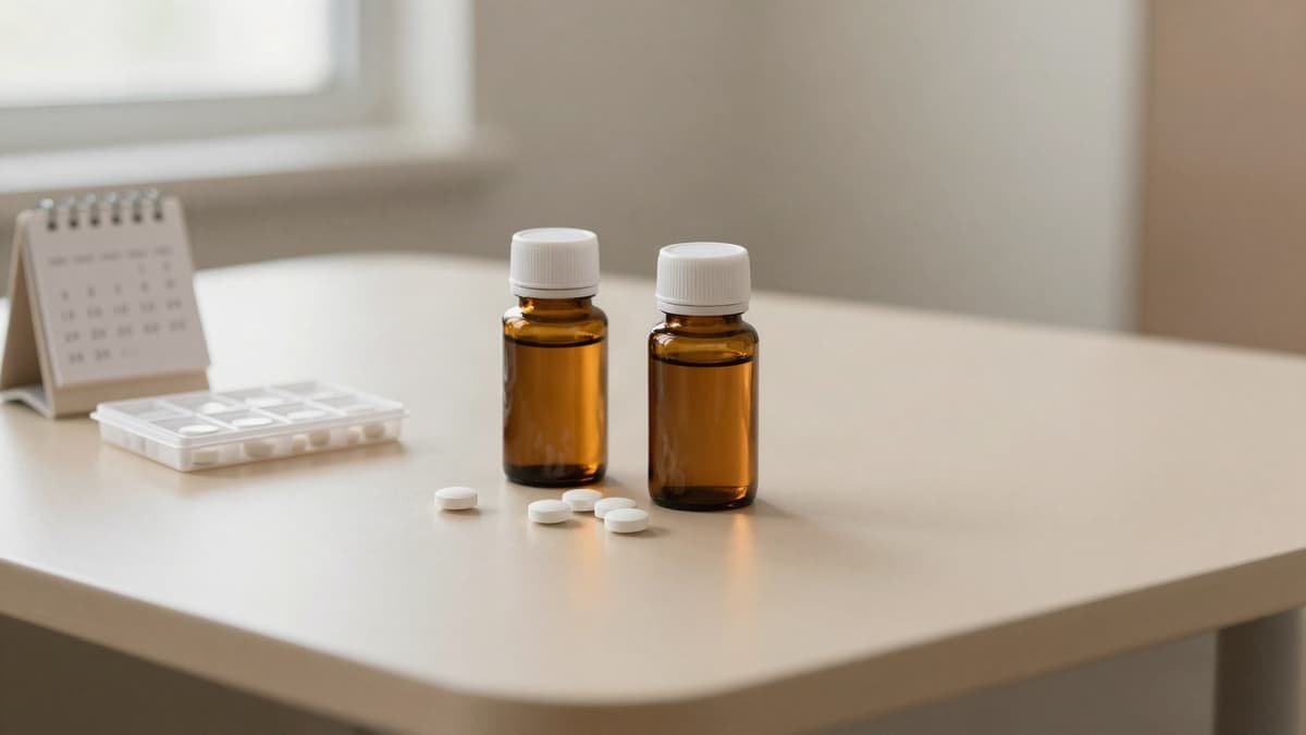 Dois frascos de vidro âmbar com tampas brancas, comprimidos brancos, um porta-comprimidos e um calendário de mesa sobre uma mesa bege, representando o uso contínuo de medicação após o transplante capilar
