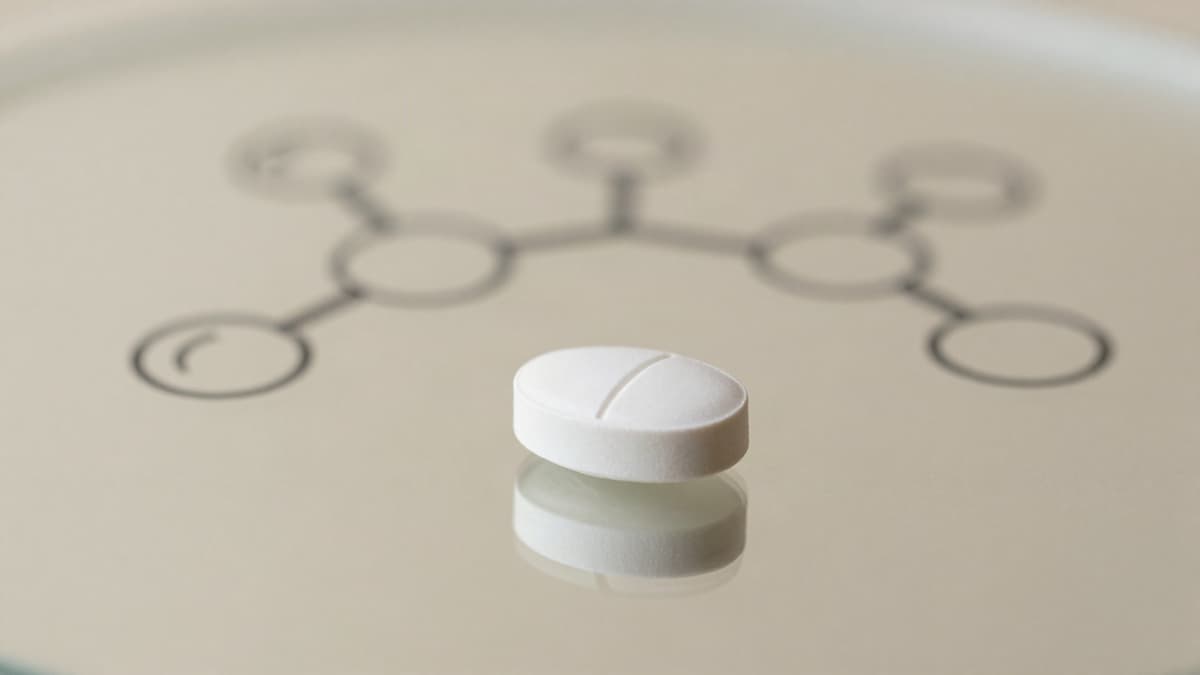 Comprimido branco sobre uma superfície reflexiva, com uma estrutura molecular desenhada ao fundo, representando o medicamento finasterida usado no tratamento da calvície