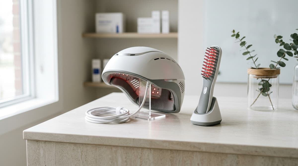 Capacete de laser terapêutico e pente de laser para queda de cabelo sobre uma bancada clínica neutra