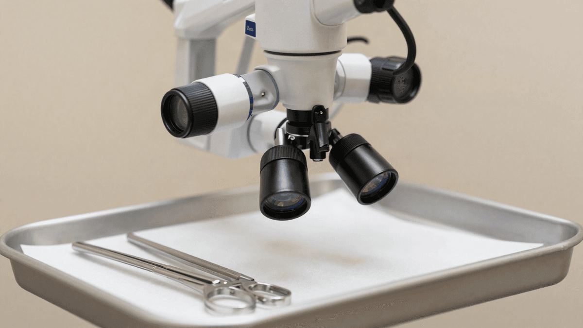 Microscópio cirúrgico e lupas Zeiss sobre uma bandeja clínica usada no transplante capilar