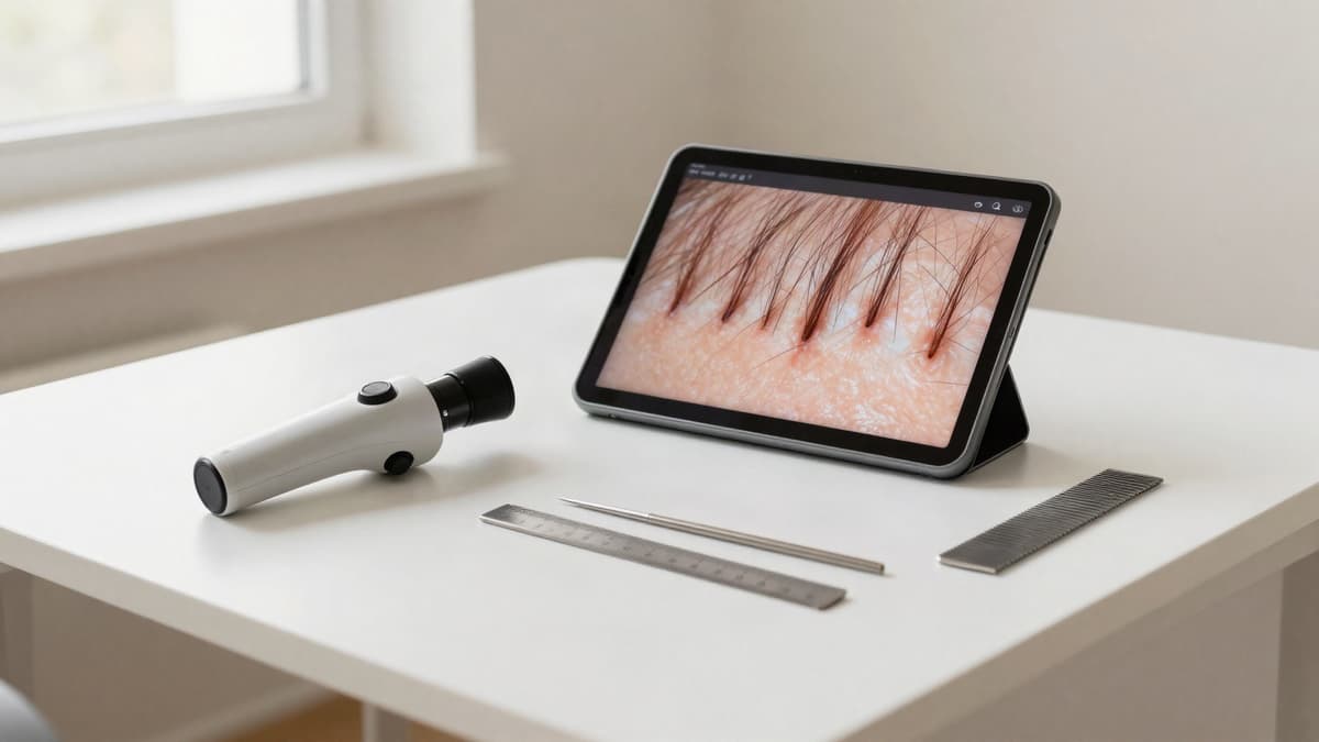 Tricoscópio sobre mesa de consultório ao lado de um tablet com imagem ampliada de fios de calibres diferentes, representando a avaliação de miniaturização na área doadora