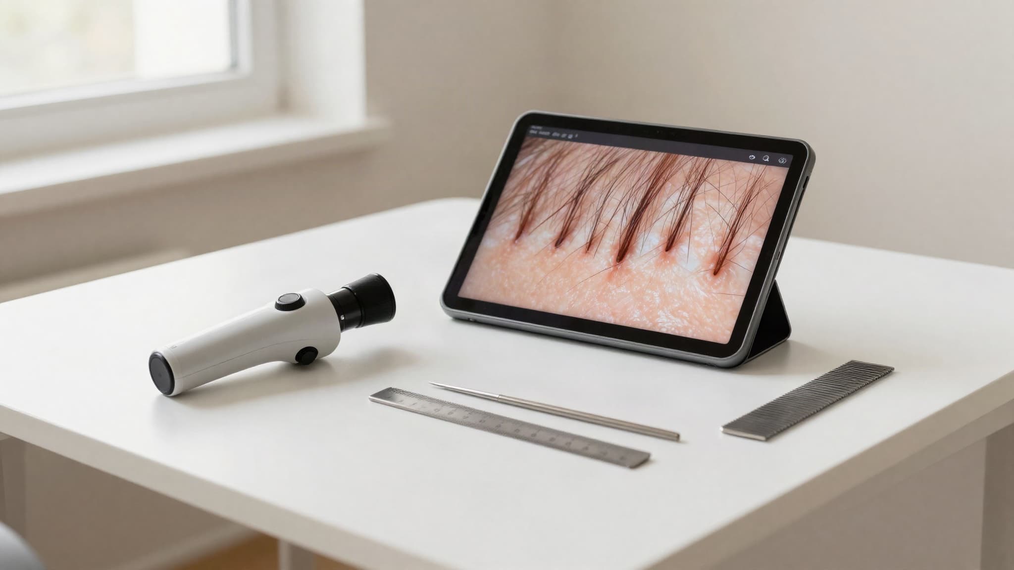 Tricoscópio sobre mesa de consultório ao lado de um tablet com imagem ampliada de fios de calibres diferentes, representando a avaliação de miniaturização na área doadora