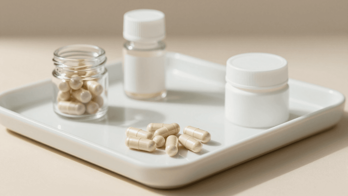 Cápsulas de nutracêuticos capilares organizadas ao lado de um tricoscópio em ambiente clínico