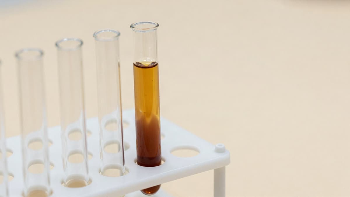 Tubo de ensaio com sangue centrifugado, mostrando a separação do plasma na parte superior, representando o material usado no PRP para queda de cabelo