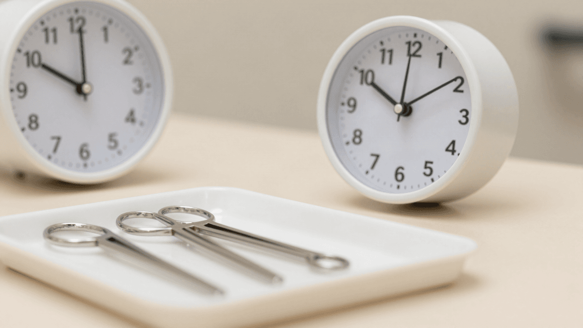 Relógio de mesa clínico ao lado de instrumentos cirúrgicos de transplante capilar, representando a duração da cirurgia