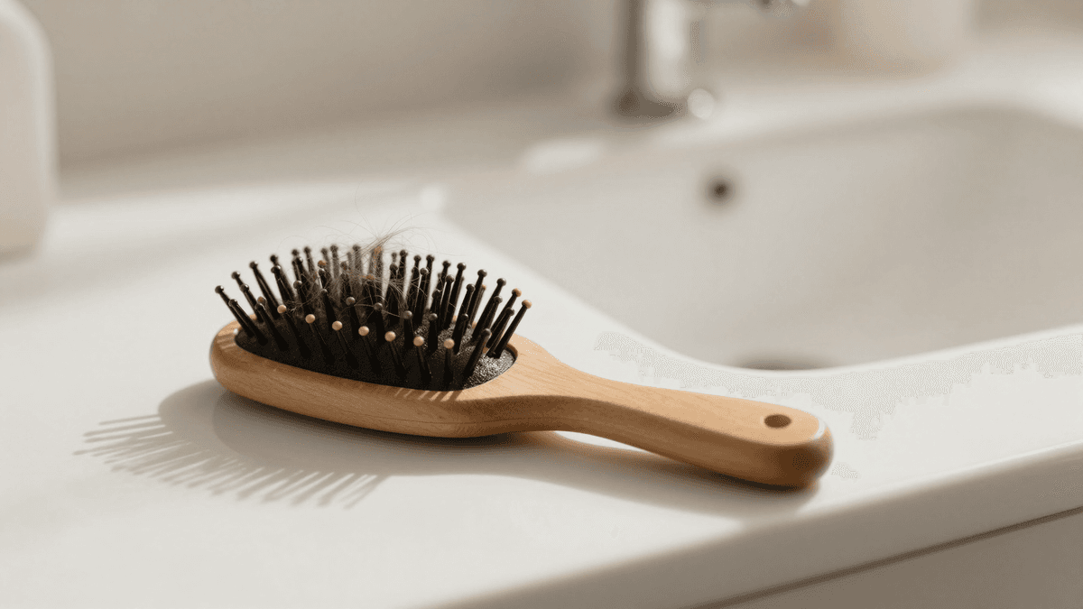 Imagem editorial ilustrando o tema: Queda de cabelo é normal? Veja os sinais de alerta