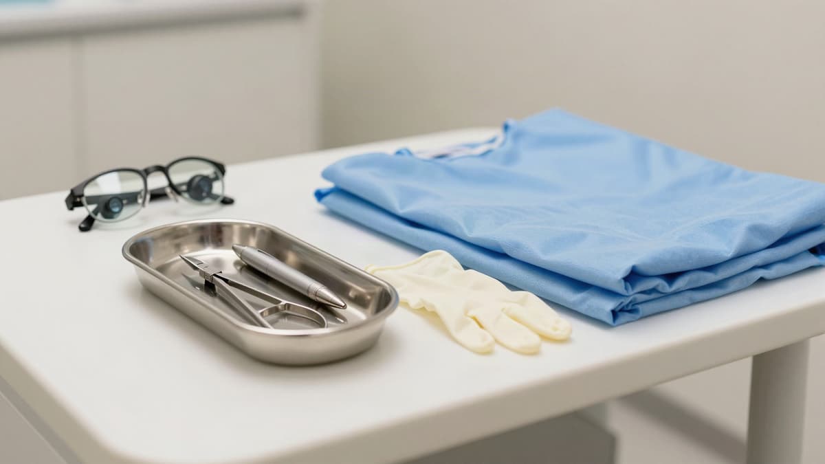 Bandeja de instrumentos, lupa cirúrgica e aventais dobrados em sala de cirurgia, representando o médico e a equipe que realizam o transplante capilar