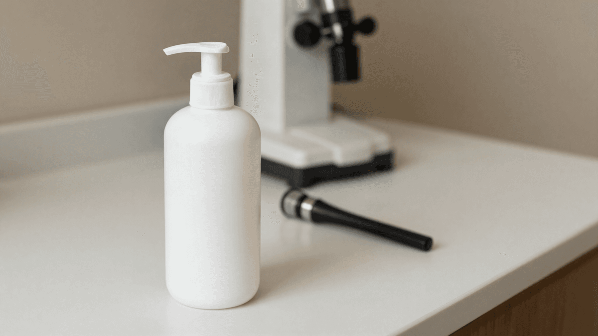 Frasco de shampoo capilar sobre bancada clínica neutra ao lado de um tricoscópio