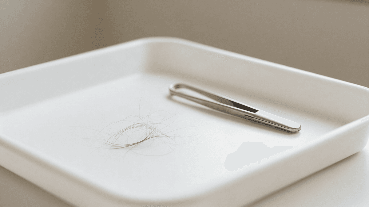 Fios de cabelo isolados sobre uma bandeja clínica neutra, representando a queda temporária de shock loss após o transplante capilar