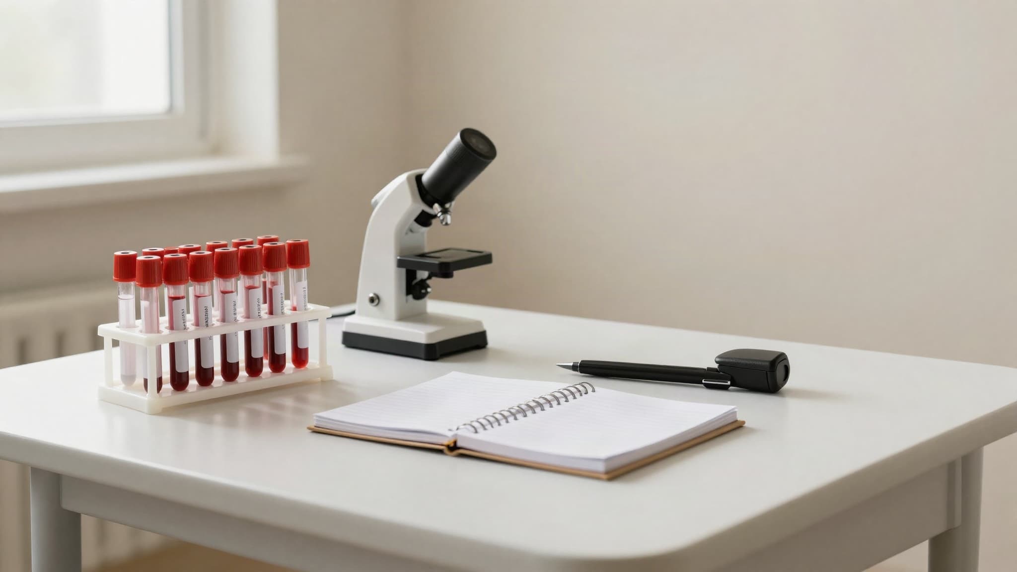 Tubos de coleta de sangue em um suporte, um microscópio e um caderno sobre uma mesa clara, representando a investigação hormonal na calvície masculina