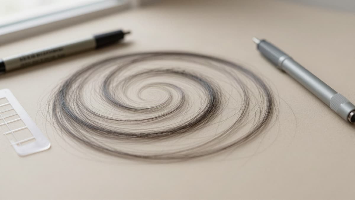 Espiral de fios escuros sobre superfície bege, ao lado de uma caneta marcadora e de uma régua quadriculada, representando o redemoinho natural da coroa e o planejamento do transplante