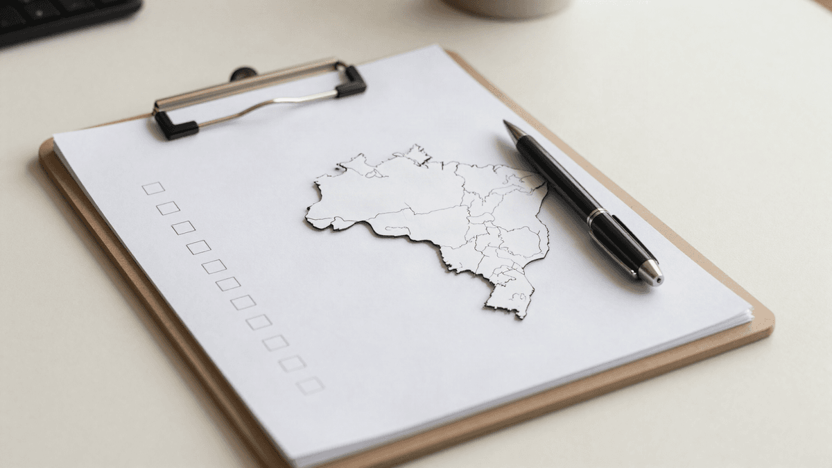 Prancheta com checklist, caneta e contorno estilizado de mapa sobre uma mesa clínica, representando a avaliação de critérios para escolher uma clínica de transplante capilar