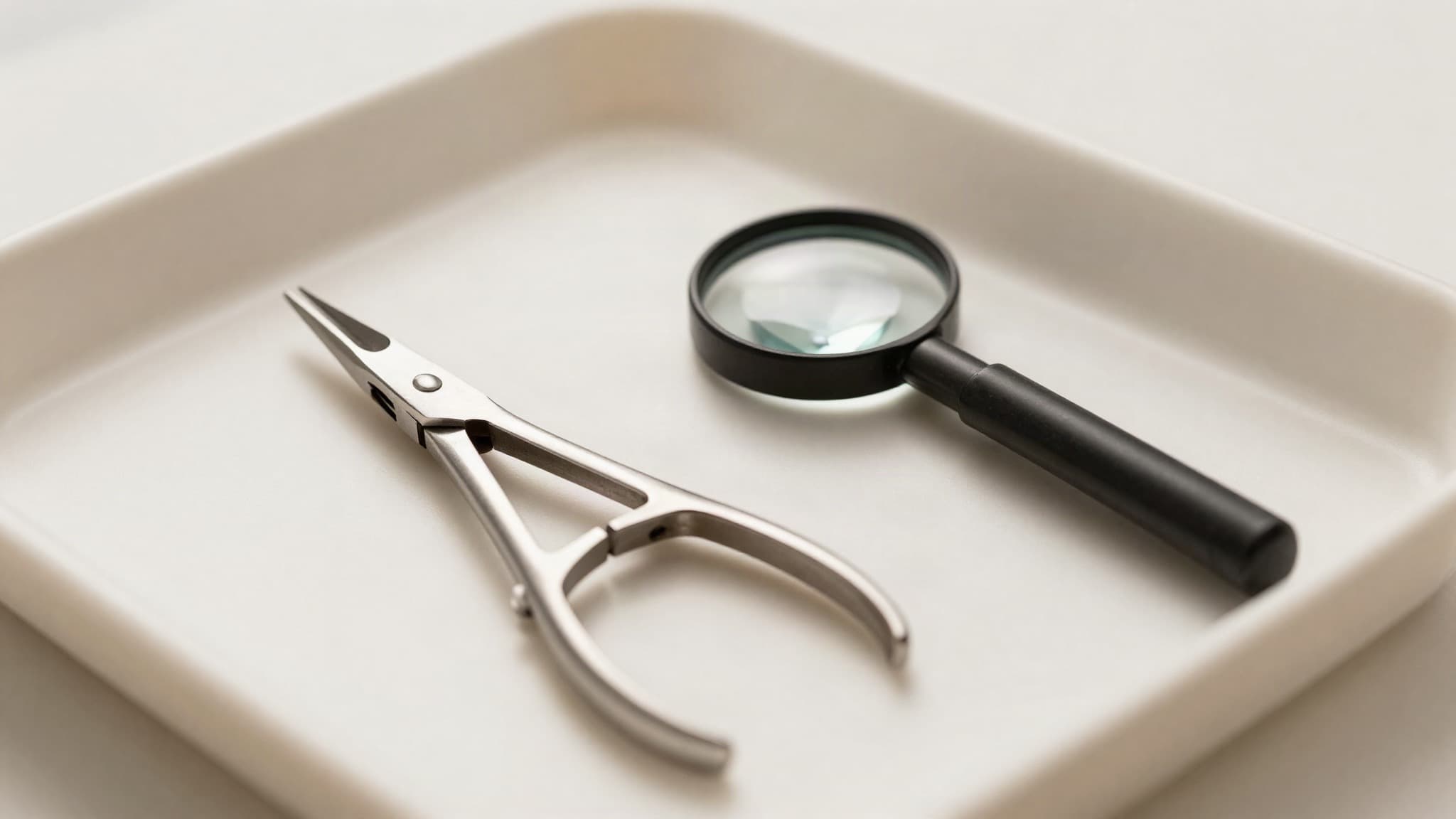 Pinça cirúrgica e lupa clínica sobre uma bandeja, representando a extração folicular de precisão usada no transplante de barba