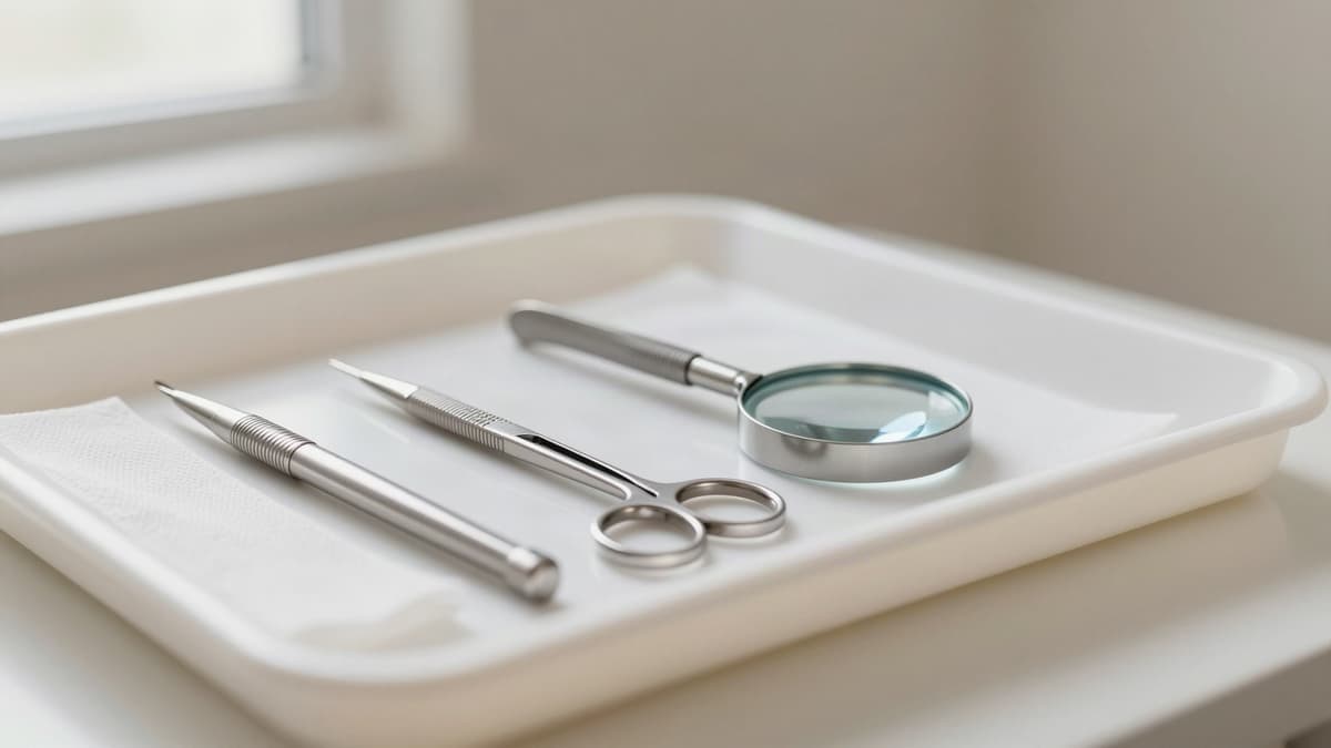 Instrumentos cirúrgicos delicados e lupa sobre bandeja clínica, representando a precisão exigida no transplante de sobrancelha