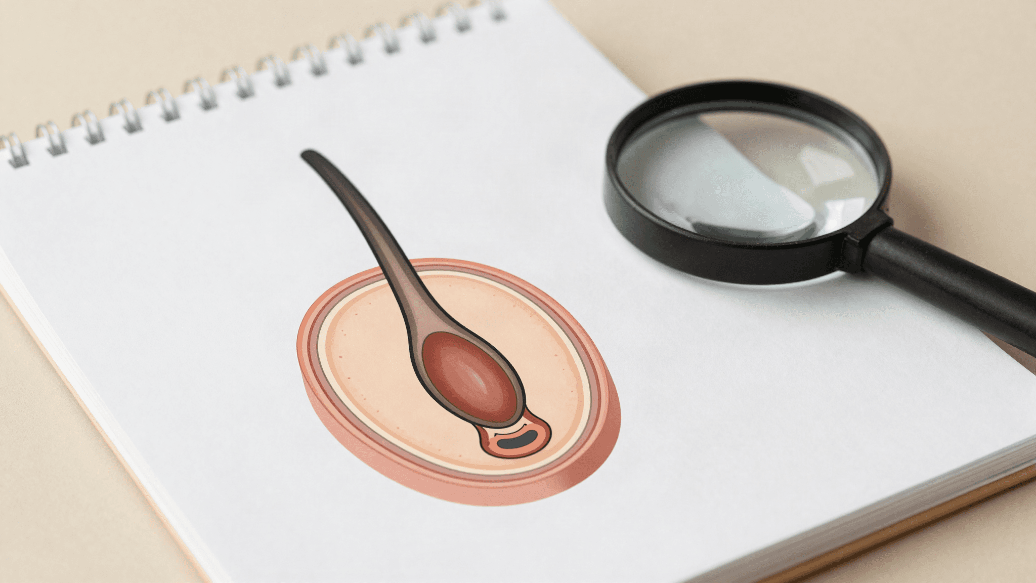 Ilustração científica de um folículo capilar em corte ao lado de uma lupa sobre bloco de notas clínico, representando o diagnóstico da alopecia androgenética