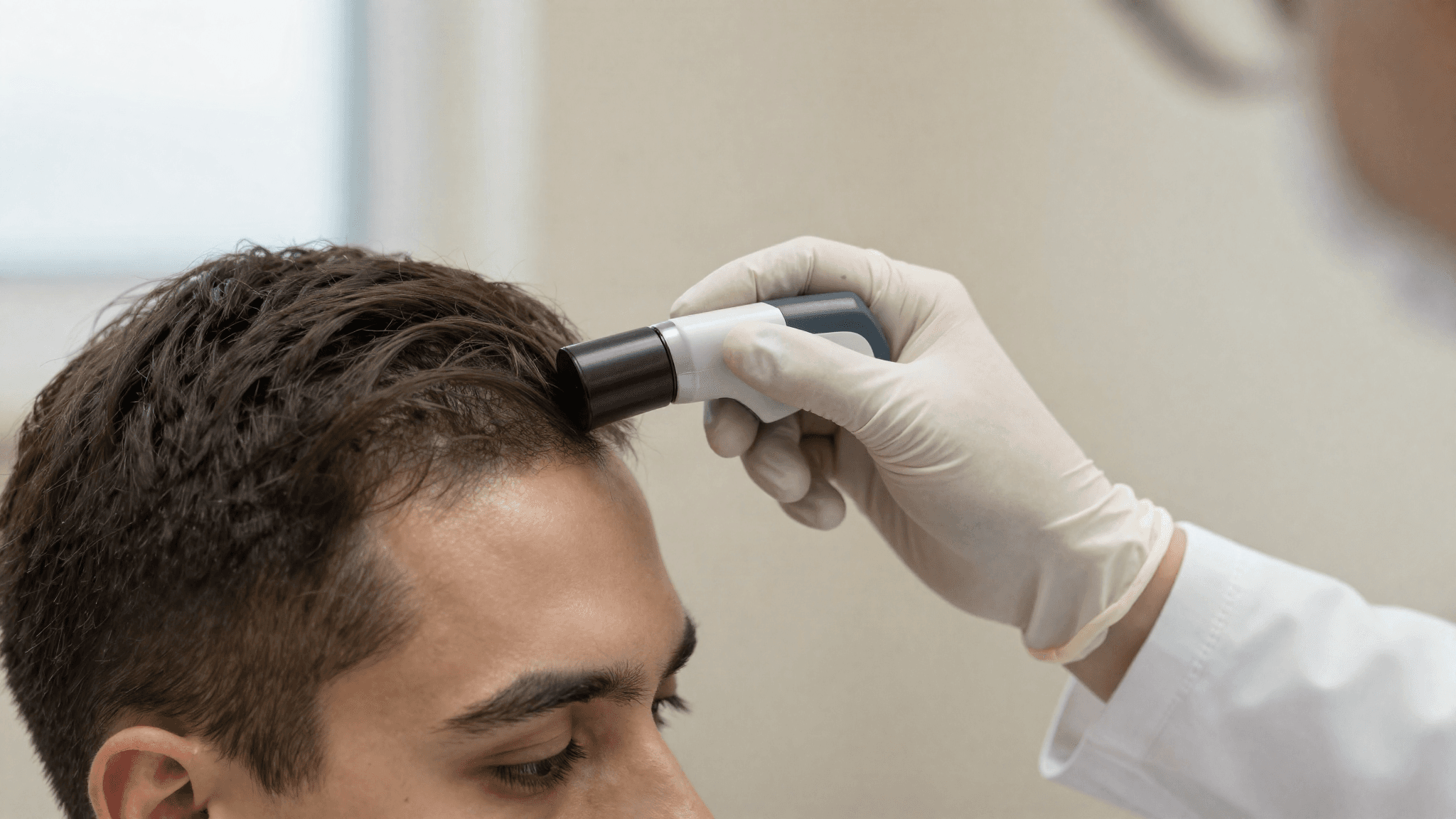 Médico examina a linha frontal capilar de um paciente jovem com tricoscópio, representando o diagnóstico precoce da calvície aos 18 anos