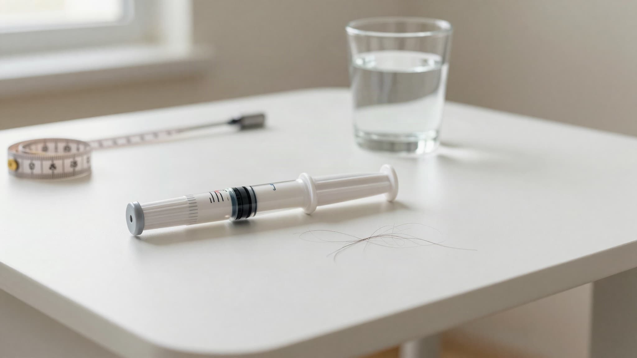 Caneta injetável sem marca ao lado de fios de cabelo e fita métrica, ilustrando a relação entre caneta emagrecedora e queda de cabelo