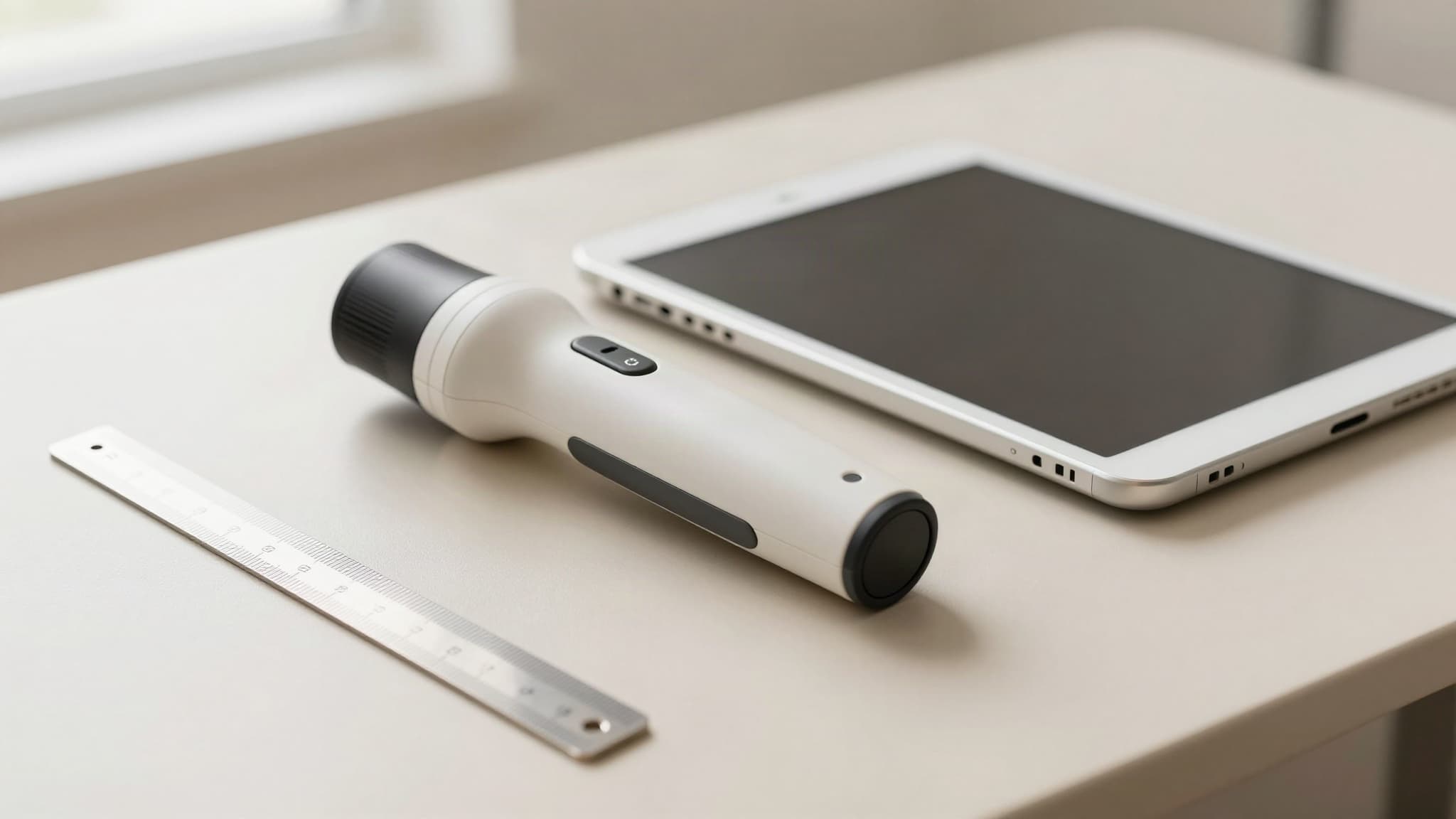 Tricoscópio de mão ao lado de uma régua e de um tablet sobre uma mesa clara de consultório, representando o acompanhamento objetivo do tratamento da calvície