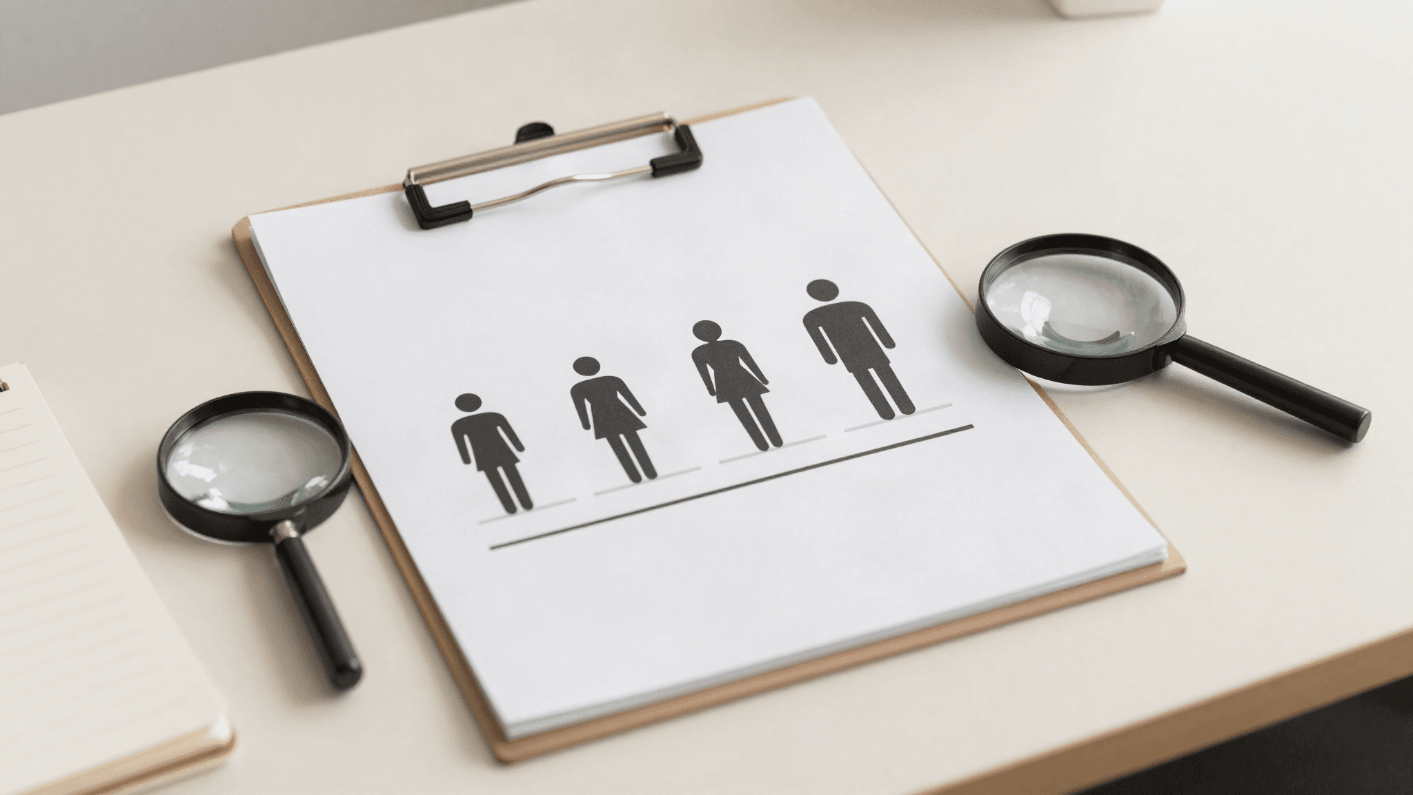 Ilustração clínica de estágios progressivos de calvície ao lado de uma lupa sobre uma mesa de consultório, representando a escala de Norwood