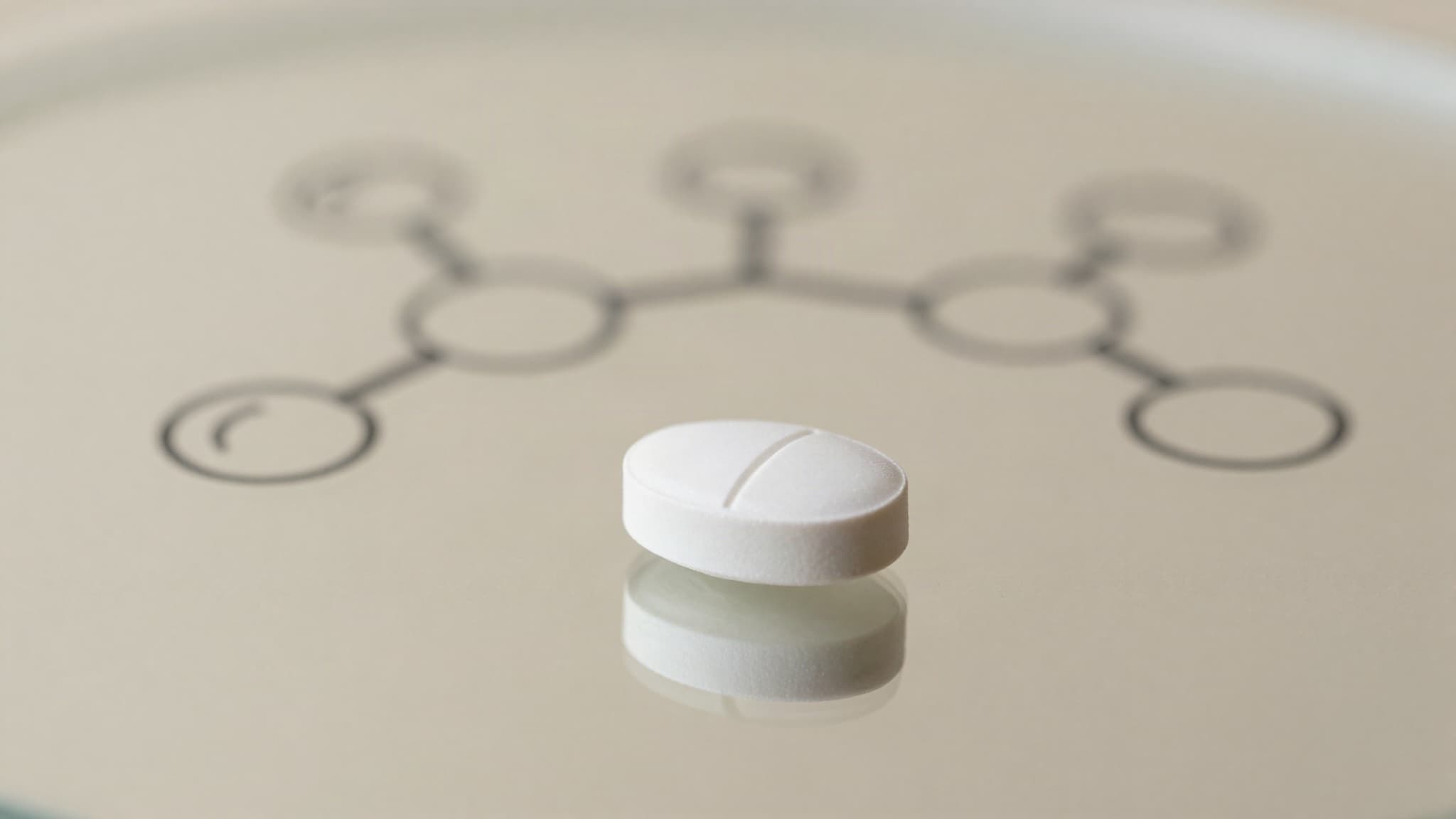 Comprimido branco sobre uma superfície reflexiva, com uma estrutura molecular desenhada ao fundo, representando o medicamento finasterida usado no tratamento da calvície