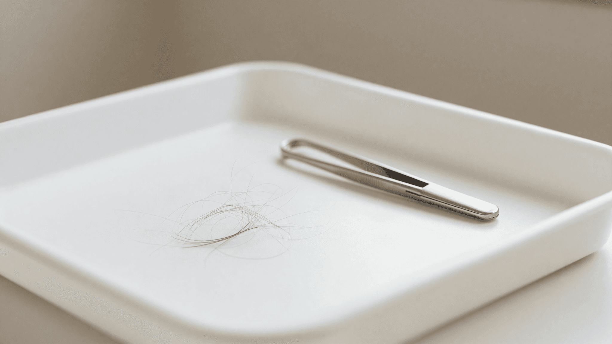 Fios de cabelo isolados sobre uma bandeja clínica neutra, representando a queda temporária de shock loss após o transplante capilar