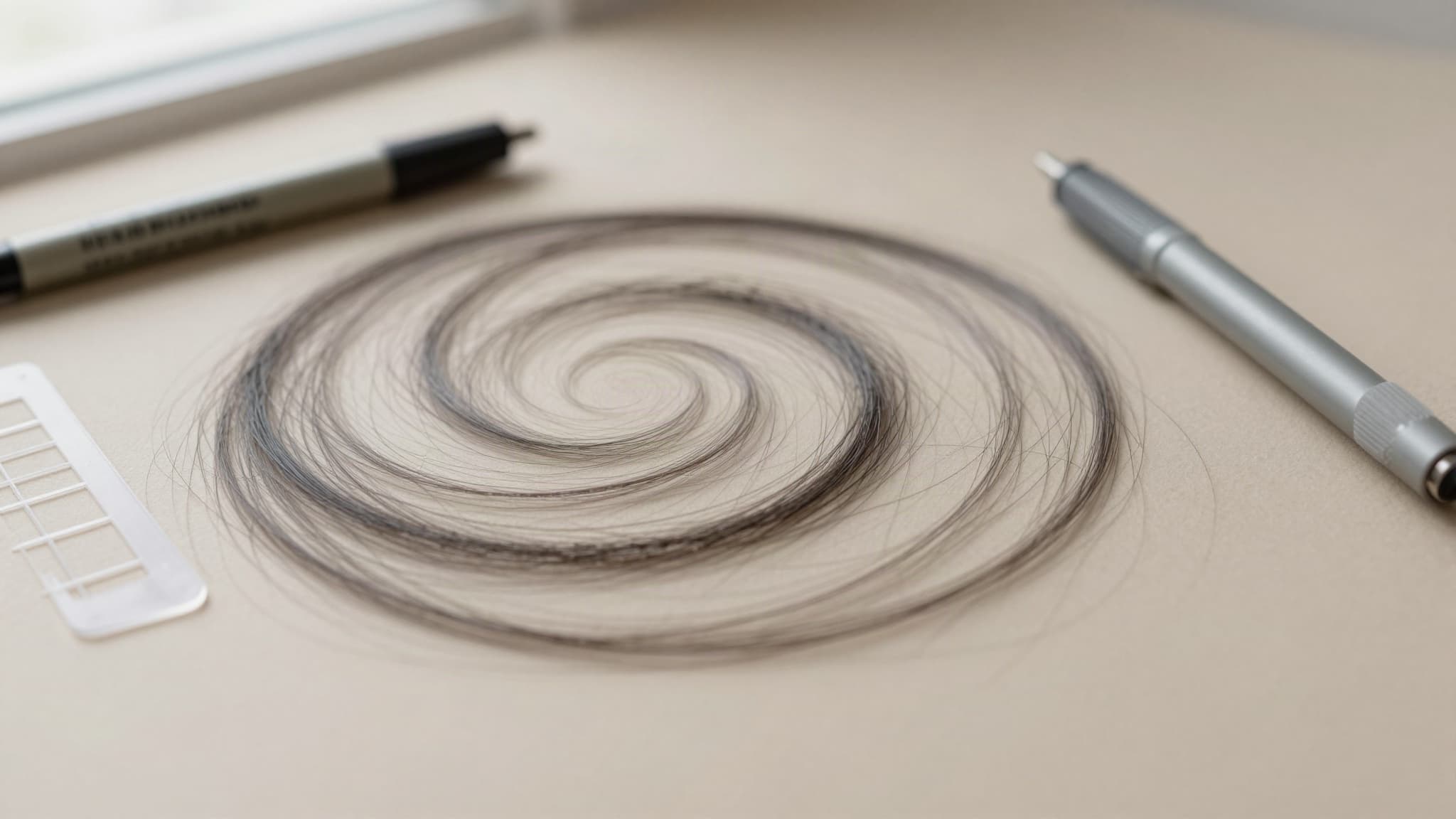 Espiral de fios escuros sobre superfície bege, ao lado de uma caneta marcadora e de uma régua quadriculada, representando o redemoinho natural da coroa e o planejamento do transplante