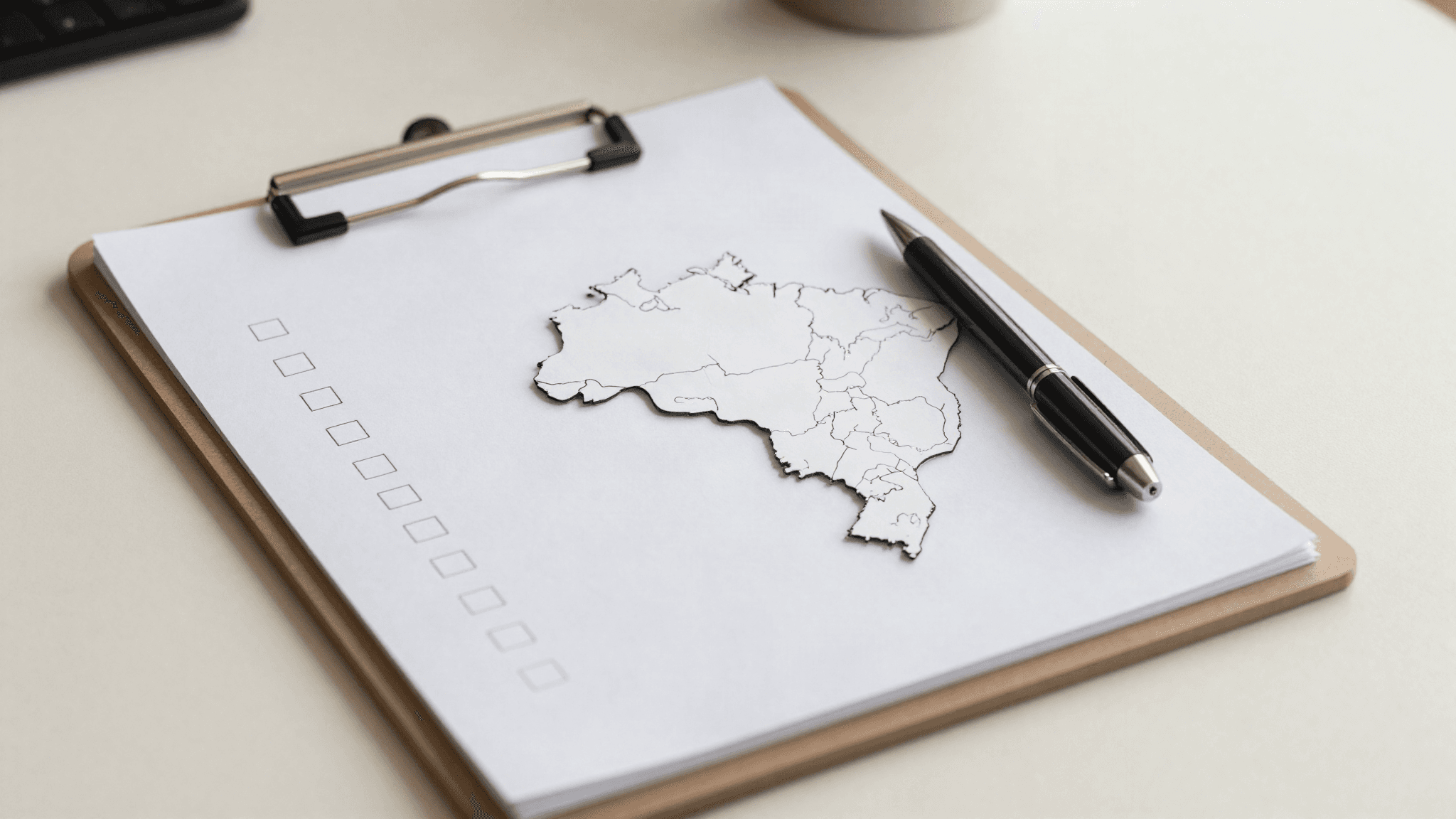 Prancheta com checklist, caneta e contorno estilizado de mapa sobre uma mesa clínica, representando a avaliação de critérios para escolher uma clínica de transplante capilar