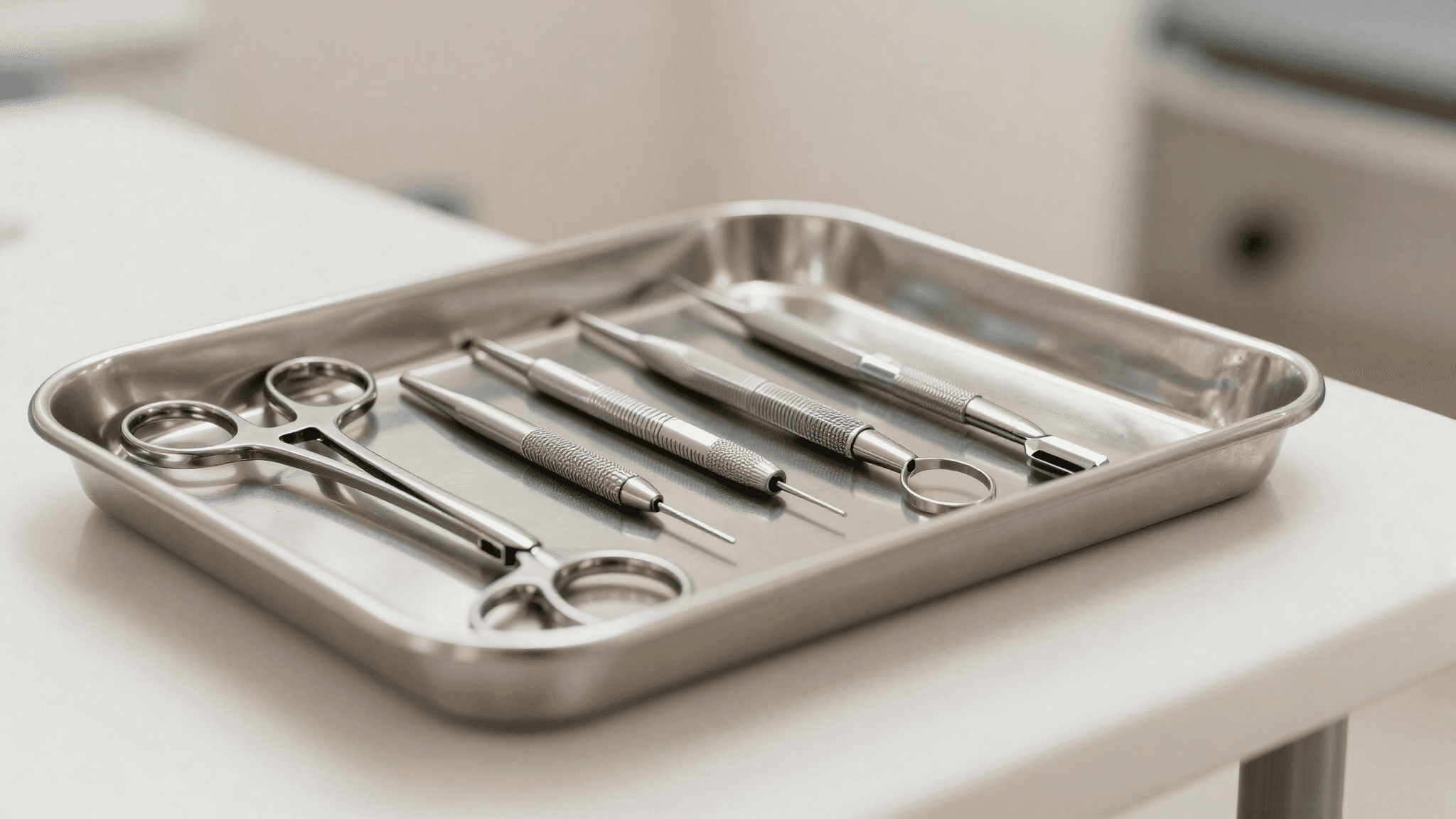 Instrumentos cirúrgicos de transplante capilar FUE organizados em uma bandeja clínica